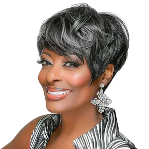 Short Grey Wigs for Black Women Grey Pixie Cut Wig Synthetic Short Side Part Pixie HairCut Wigs with Bangs for Old Women Gray Straight Pixie Wig