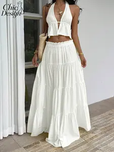 2026 Spring Summer European Style Sexy V-Neck Halter Top and Long Skirt Set, Sleeveless Backless Casual Two-Piece