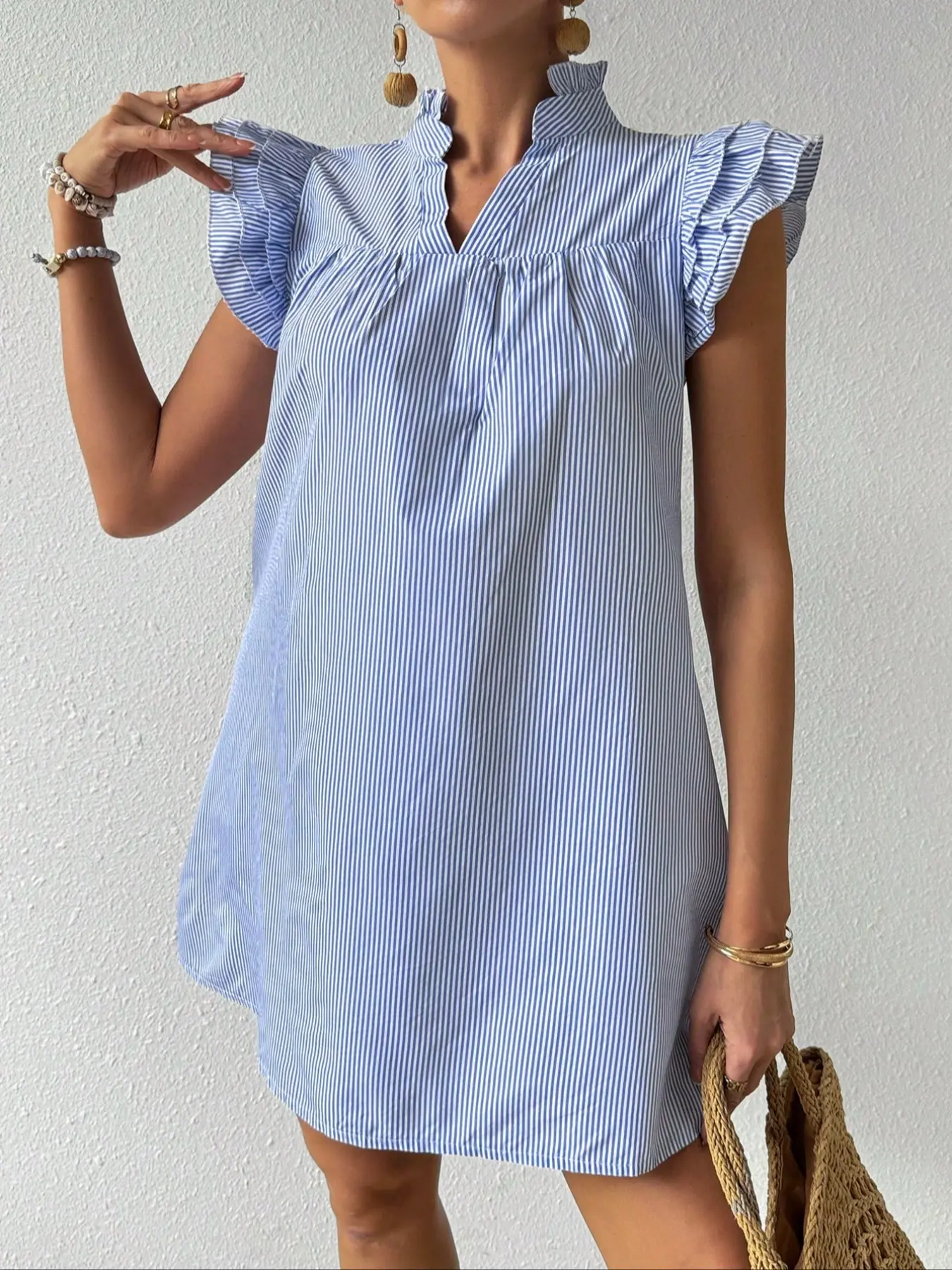 Sporty Sweet Girl Y2K Light Sweet-Spicy Blue & White Striped Ruffle Sleeve Stand-Collar Athleisure Shift Mini Dress Daily Casual Chic Summer Casual Fashion Dress Womenswear, Fitted