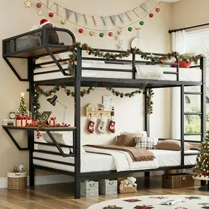 ONBRILL Bunk Bed Twin Over Twin, Bunk Beds with Power Desk & Outlet, Metal Bunkbeds Frame with Safety Guardrail & Ladders, Upper Bed with Storage Rack, Heavy-Duty