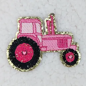Pink Tractor Embroidered Glitter HAT/POCKET Patch