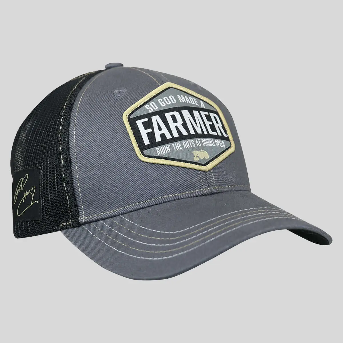 So God Made a Farmer Mens Hats, Ridin the Ruts Structured Baseball Cap with Front Patch, Cotton/Poly Mesh, Snap Closure, Farming, Patch Front, Cloth Hats, Cotton Fiber Hats