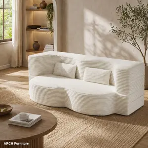 Modern Corduroy Square Arm Couch, Convertible Floor Sofabed with 2 Pillows, Foldable Storage, Twin-Size Foam-Filled Mattress, No Assembly Required, Beige/White Living Room Seating & Guest Bed Solution, Corduroy Couch