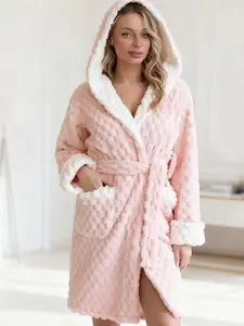 Cloud Velvet Thickened Warm Hooded Bathrobe, Colorblock Drawstring, Long Sleeve Sleepwear, Two Pockets, Luxury Style