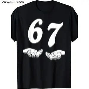 Funny 67 Meme T-Shirt for & - 67 Number Joke Design with 6 & 7 Hands Print, 100% Cotton Soft Crew Neck Tee, Casual Gift Idea for Birthdays, Parties & Casual Attire (Black) Menswear Tops