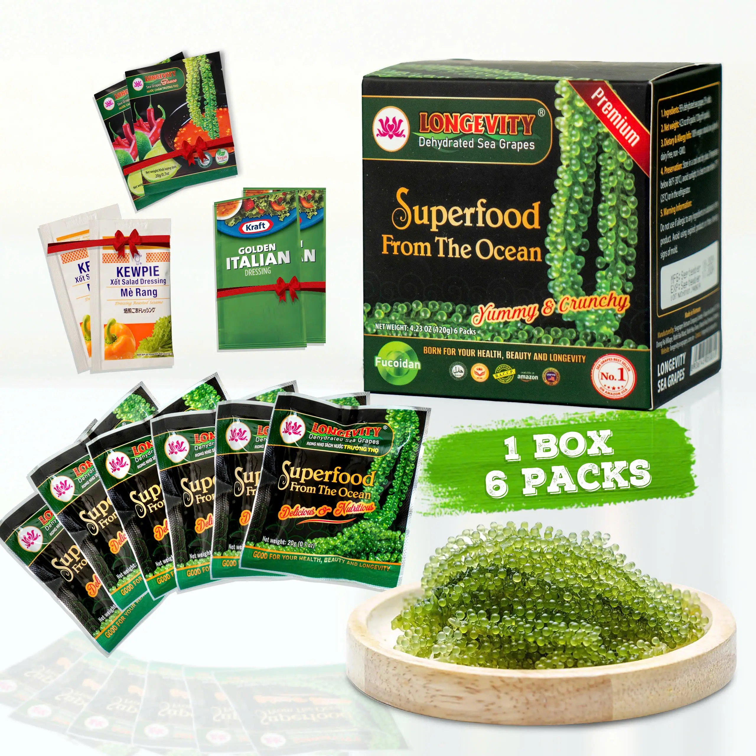 Longevity Dehydrated Sea Grapes 6 Packs of 4.23 oz Green Caviar Umibudo Latok Seaweed Organic Premium Quality Crunchy Flavor Superfood From The Ocean