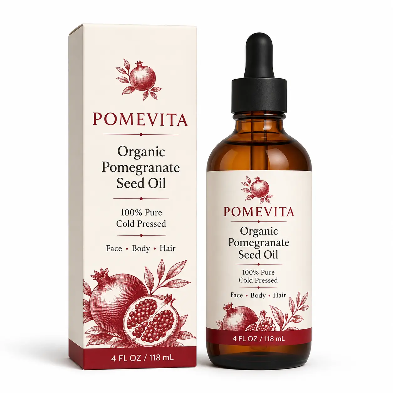Organic Pomegranate Seed Oil 4 Fl Oz, 100% Pure Cold Pressed Face Body Hair Oil, Lightweight Moisturizing Oil for Dry Skin, Hair Ends & Daily Glow