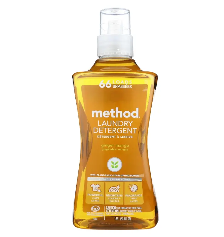 Method Liquid Laundry Detergent, Ginger Mango, 66 Loads Per Bottle, Hypoallergenic + Stain Remover, 53.5 Fl Oz (Pack of 1) | Powerful Stain Lifter, Brightens Colors and Whites, Long Lasting Fragrance, 66 Loads per Bottle