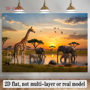 1 African-themed 2D flat banner, featuring giraffe, zebra, and elephant patterns, with a colorful sunset grassland background, suitable for room decoration, party supplies, and seasonal decor. Made of polyester material, it is suitable as an African-theme