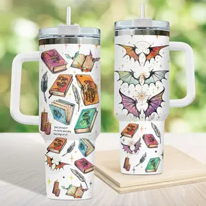 Multicolor Dragon 40oz Tumbler, Fantasy Book Tumbler With Handle, Dragon Wings Tumbler, Black Travel Mug, Gift for Book Lover