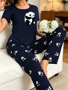 Womens Pajama Set, Panda Print Cute Short Sleeve Top and Long Pants, Round Neck Loose Fit, Comfortable Nightwear, Loungewear, Pyjamas and Casual Wear, Printed Pajama Set