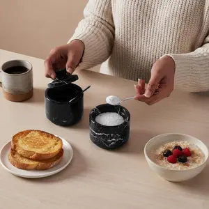 Elborse Marble Salt Cellar 3 Inch Flaky Salt Holder for Countertop, Perfect Set of 2 Spice Box, Brown Sugar Keeper, Candy Bowl, Sugar Jar with Lid and Spoon Kitchen Storage