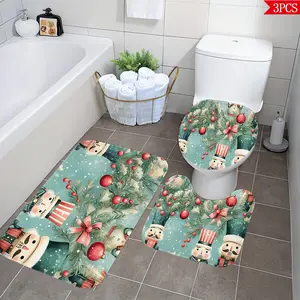 Christmas Bathroom Rug Set, Blue, Nutcracker Soldier & Christmas Tree Design, Soft Flannel Material, Non-Slip Bath Mat
