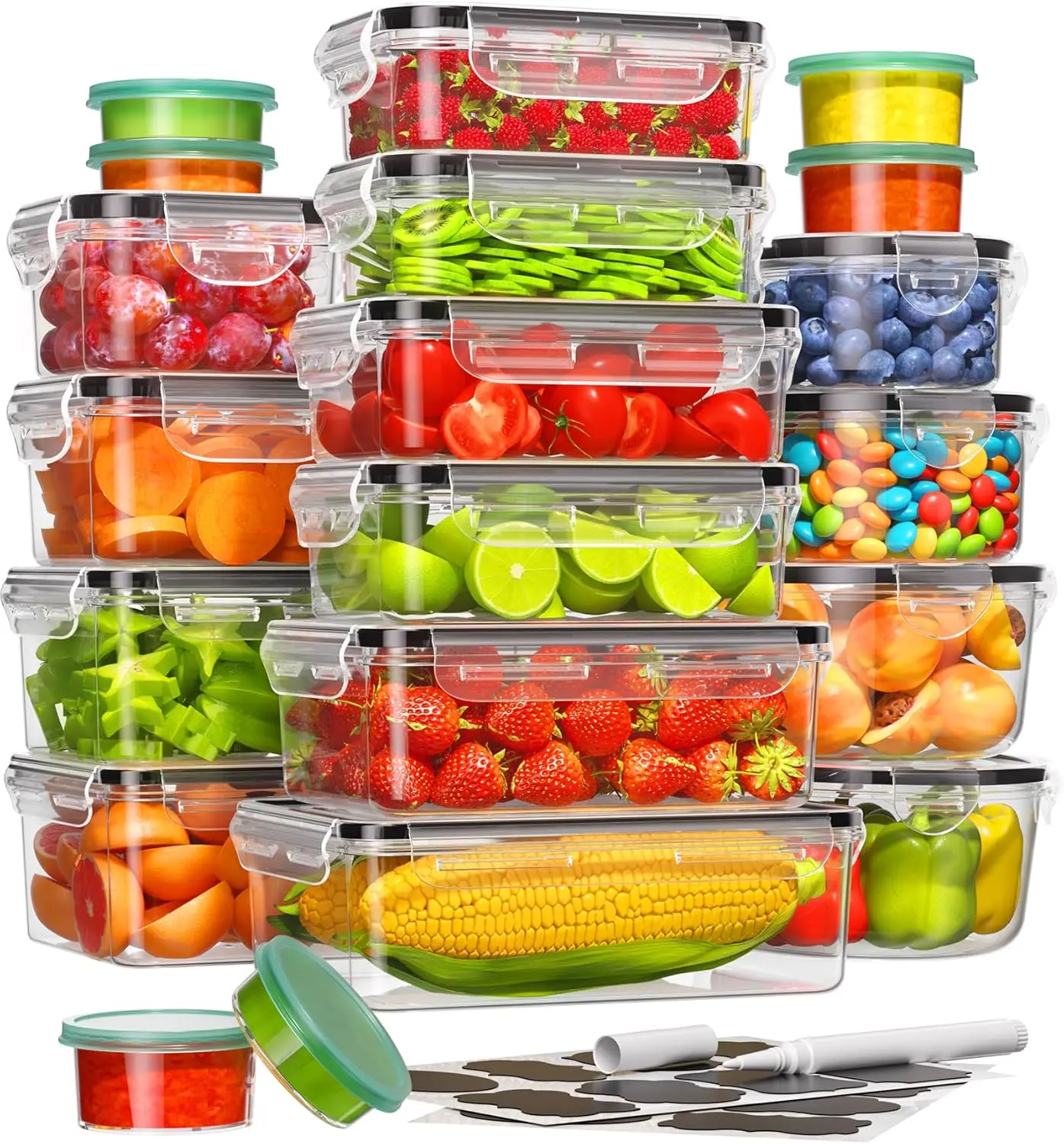 40-Pc Airtight Food Storage Containers Set (20 Containers & 20 Lids) with Labels & Marker Pen - BPA-Free Leakproof Plastic Meal Prep & Pantry Organizers