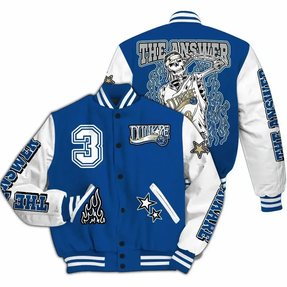 Varsity Jacket To Match Air Ship Royal Blue - Allen Answer Skeleton All Over Print, Baseball Football Jacket, Varsity Sportwear Style, Unisex Casual Look