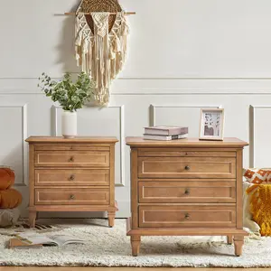 Hulala Lionel 3 Drawer End Table with Built-In Outlets, Charging Station, Pull-Out Shelf, Sturdy Wood Legs, Organized Storage, Farmhouse Style Bedroom Cabinet, Bedside Table, Nightstand