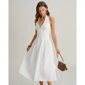 RIHOAS Women's Minimalist Solid Linen-Cotton-Polyester Waisted Midi Dress - Casual Sleeveless V-Neck Ruffle Halter Strapless Piece for Beach Wear