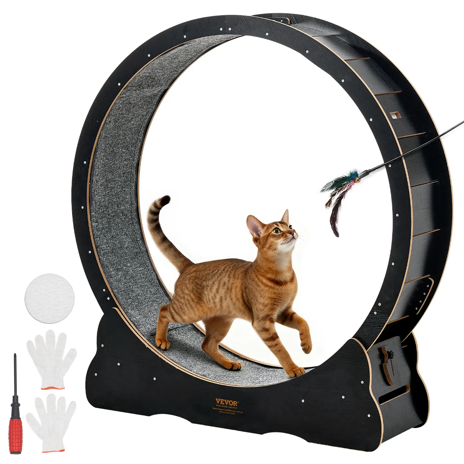 【SummerFinds】VEVOR Cat Exercise Wheel, 48 in Wooden Cat Running Wheel for Indoor Cats up to 28 lbs, Cats Treadmill with Carpeted Runway & Locking Mechanism, Quiet Kitten Sport Toys for Pets Fitness & Health, Black