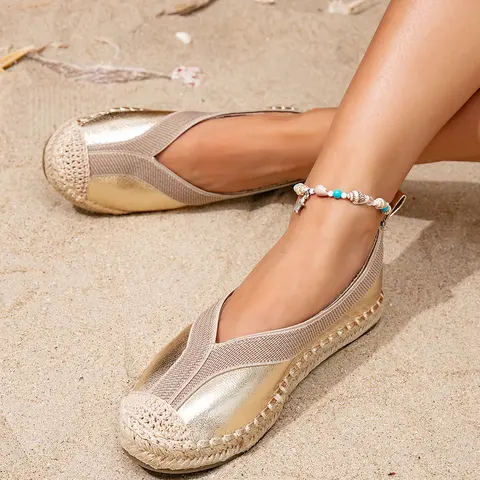 Women's Fashion Gold Metallic Finish Espadrille Flatform Lift Slip-Ons - Closed Round Toe Ankle Walking Shoes, Jute Sole, Soft Cushioned Footbed, Resort Wear, Plain Design, Lightweight, Beach Coverup Fit