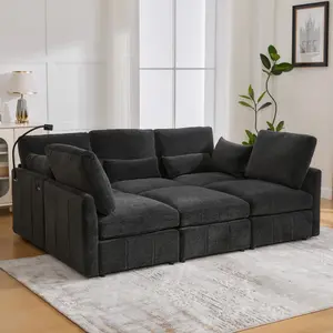 Sectional Sofa Couch, 6 Seater Modular Reversible Sectional Cloud Sofa Convertible Sleeper Couch Bed,Comfy 6 Seaters Chenille Upholstered Cloud Sofa Couch with USB-C Ports and Phone Holder for Living Room Apartment