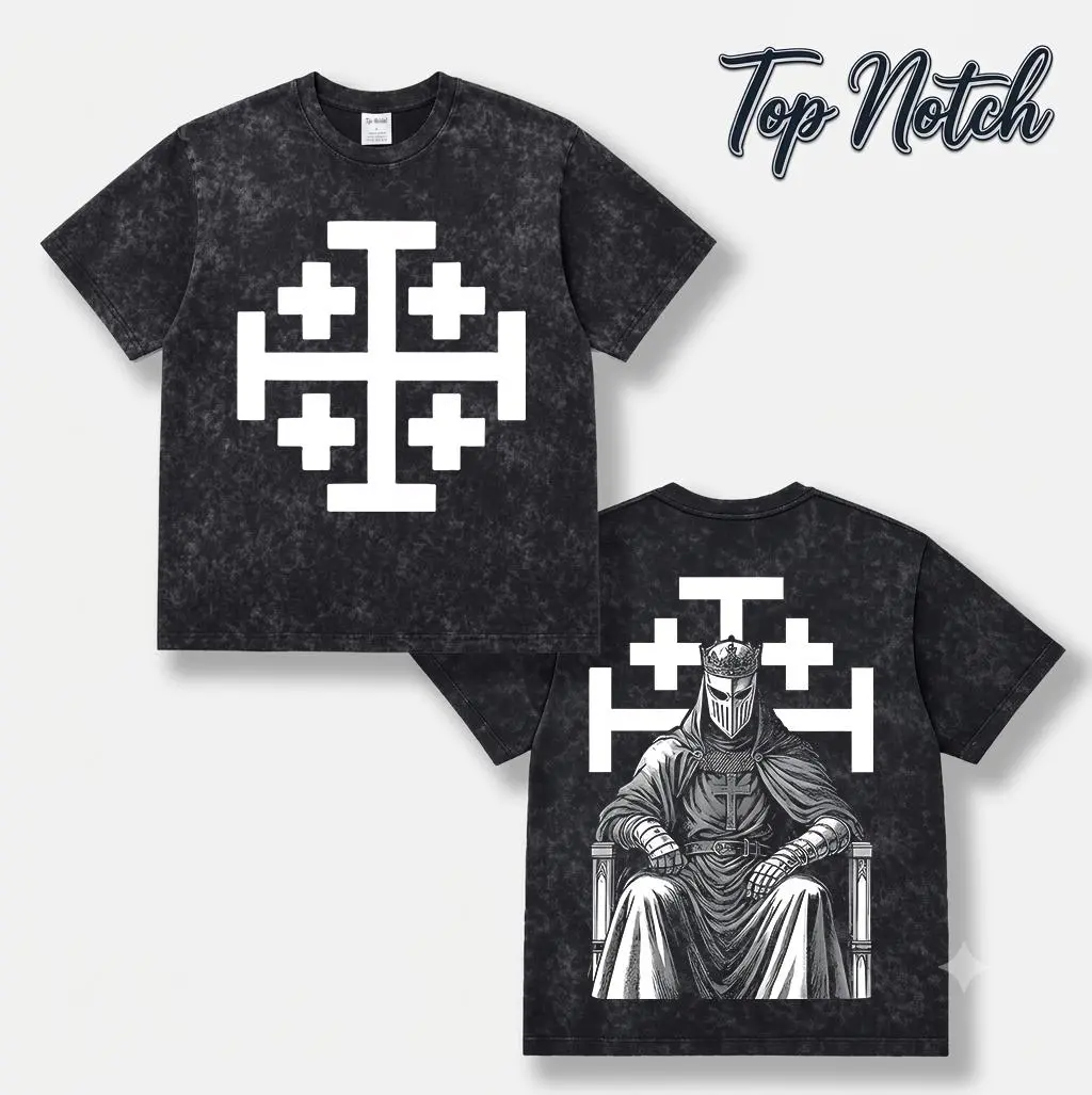 Vintage Washed Crusader Knight Graphic Tee for Men & Women, Jerusalem Cross Print T-Shirt, Oversized King Baldwin Masked Knight Faith Streetwear Y2K Gothic Polyester Short Sleeve Shirt Gift