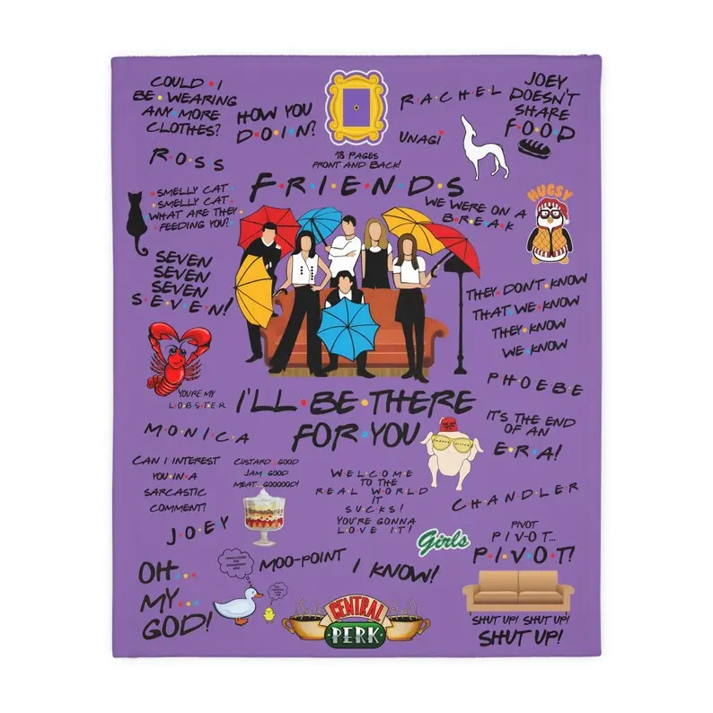 Friends-Inspired Purple Flannel Blanket - Central Perk Quotes Print, Colorful Iconic Design, Soft Cozy Throw for Sofa, Living Room TV Watching, Ideal Home Decor Gift,summervibes, Character Inspired Blankets, Decorative Text Blankets