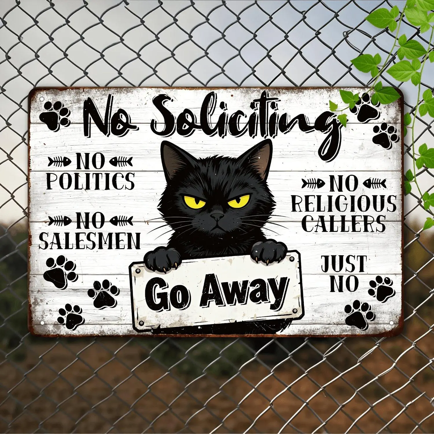 Prints 2D Flat 1pc Funny Cat Metal Tin No Soliciting Funny Tin Poster for Front Door Porch Entryway Office Hallway Patio Gift Idea 20x30cm 8x12in Decorative Art Wall Sign Home Decor