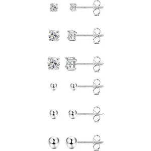 FINREZIO 6 Pairs Silver Stud Earrings for Women Cubic Zirconia Stud Earrings Tiny Ball Stud Hypoallergenic Earrings Small Tragus Cartilage Earrings Set for Men 2mm,3mm,4mm Daily
