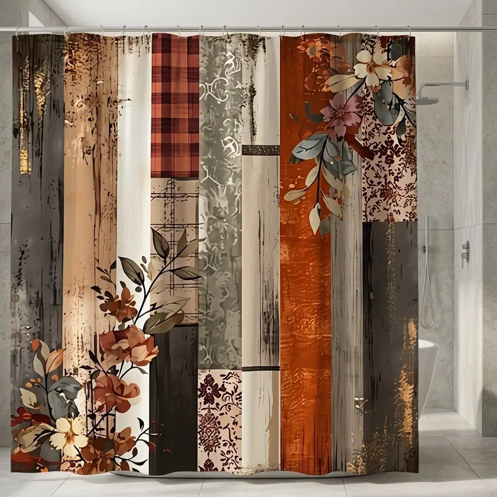 Boho Patchwork Shower Curtain, Distressed Wood Effects, and Plaid, Elegant Floral Motifs, Earthy Botanical Illustrations, Decorative Shower Curtain, Boho Shower Curtains For Bathroom