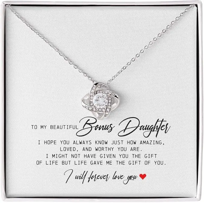 To My Beautiful Bonus Daughter, Love Knot Necklace, Bonus Daughter Gifts, Adopted Daughter Necklace From Unbiological Mom, Step Daughter Gifts From Stepdad, To My Stepdaughter Necklace, Best Birthday Christmas Graduation Gift Idea