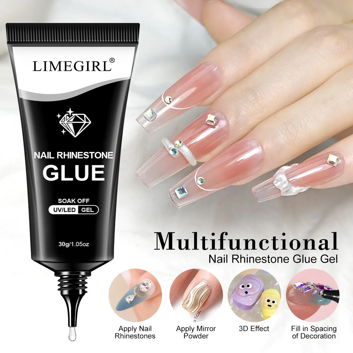 Limegirl Diamond Nail Gel, Super Strong Gel for Nail Art Jewelry, 3D Nail Rhinestones for Salon and DIY, 30g UV Cured, Beauty Gift