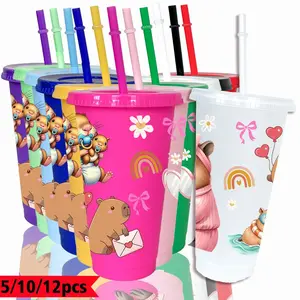 5/10/12pcs per pack party cold drink cups, Capibara, rainbow flower pattern, 26oz/780ml colored plastic party water cups, summer and spring cold drink cups, household kitchen/office tableware, outdoor party camping tableware, birthday party gift, wedd