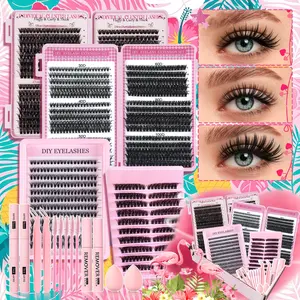 Cluster Lash Extension Gift Set, 30D 40D 50D 60D 80D 100D Natural Styles, Soft & Lightweight, with Bond & Seal, Remover, Tweezers, Brush,Makeup sponge， Easy DIY Eyelashes at Home, Salon Look at Home, Long-Lasting Glamorous Effection Valentine's Day
