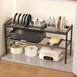 Expandable 2 Tier Under Cabinet Pots and Pans Organizer, Adjustable Height Under Sink Organizers and Storage, Kitchen Pot Pan Lid Holder Rack with 12 Dividers, Black