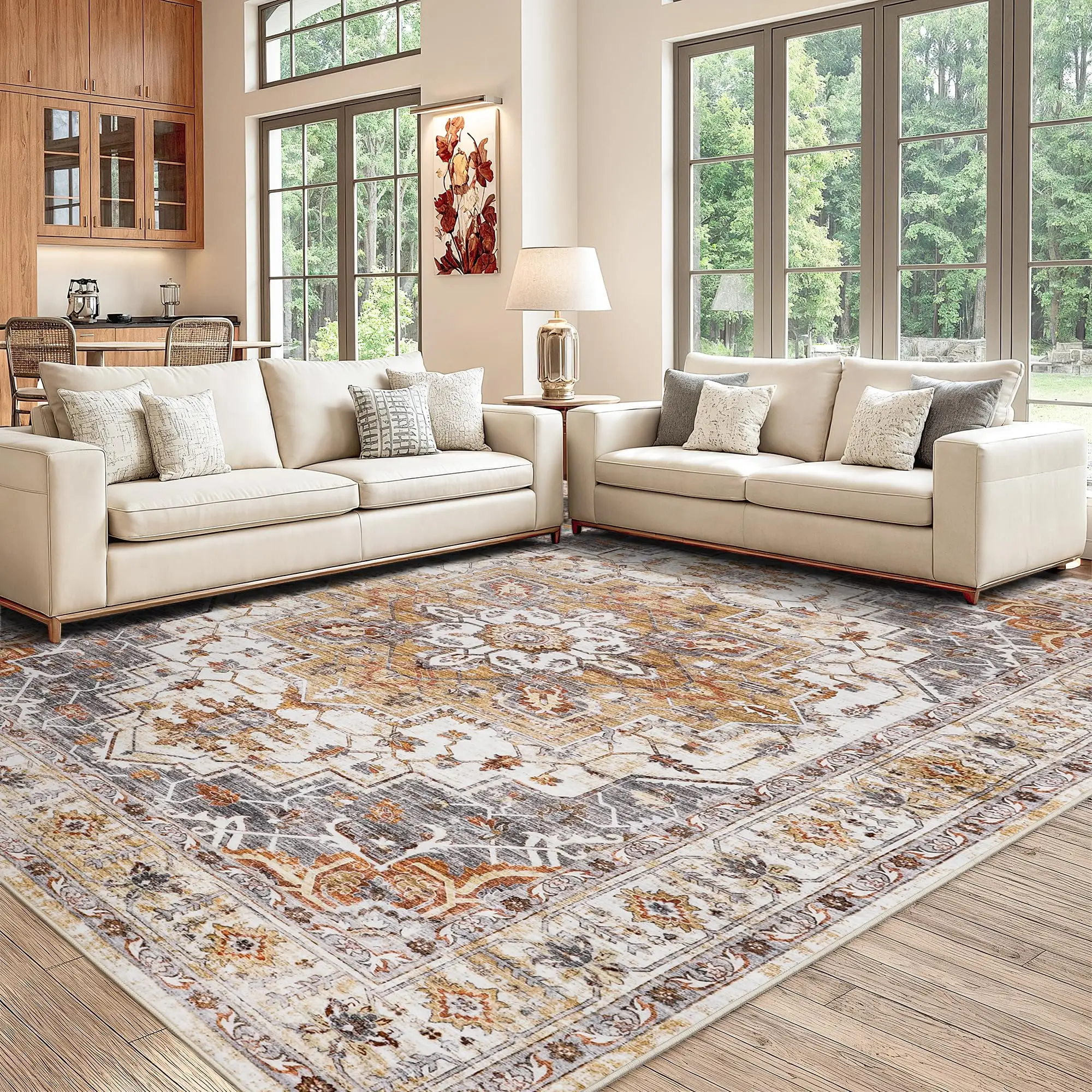 Area Rugs for Living Room,Stain Resistant Washable Rug,Non,Slip Backing Rugs for Bedroom,Kitchen,Printed Vintage Home Decor Rug