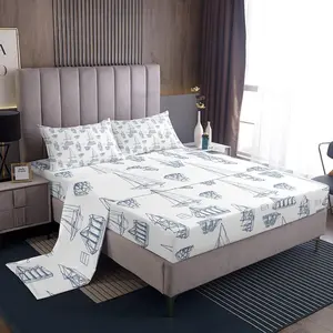 Feelyou Bedsheet Sets - Soft Breathable Microfiber Bedding Set, Coastal Beach Theme Blue and White Boat Print, Deep-Pocket Fitted Sheet for Kids