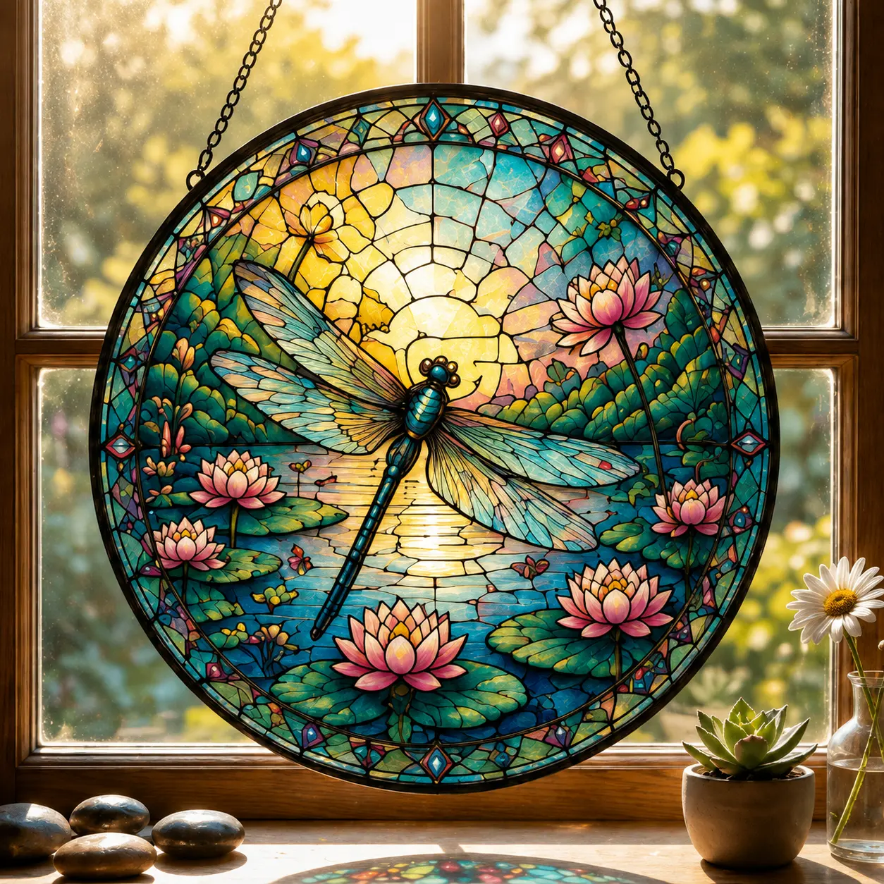 Dragonfly & Lotus Stained Glass Style Suncatcher, Colorful Round Window Hanging Decor, Nature Sun Catcher, Botanical Dragonfly Gift for Home, Garden & Window