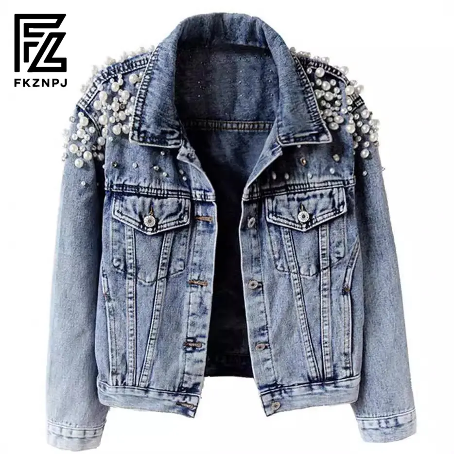 FKZNPJ 2024 Pearl Denim Jacket Casual Short Sleeve Short Denim Jacket Womenswear Coats Comfort Collar the original paige poster