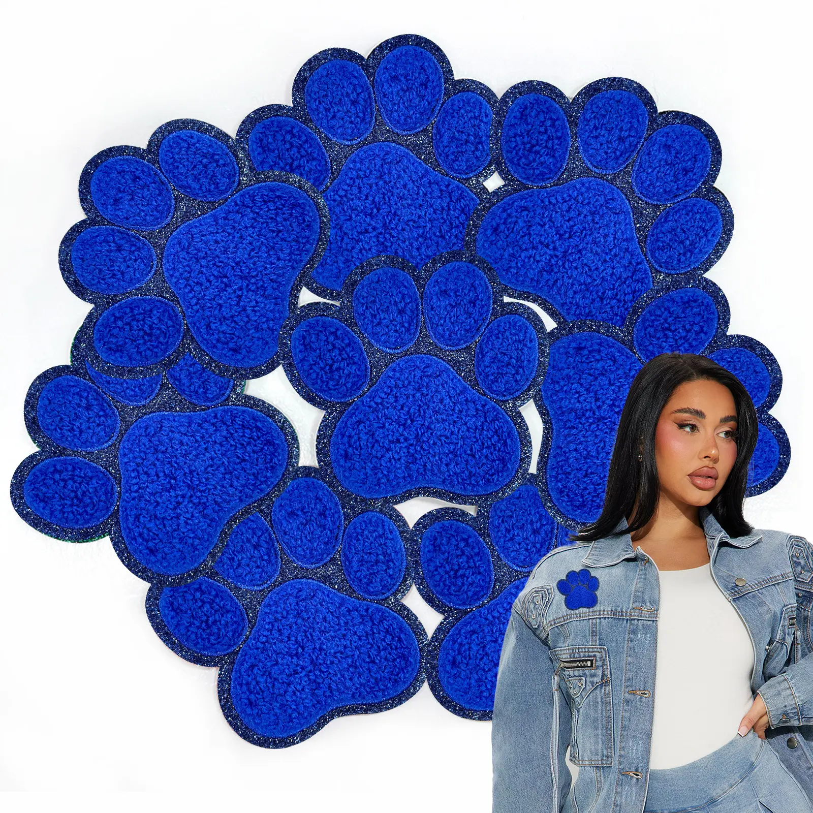 Iron On Chenille Navy Blue Pet Paw Embroidered Applique Patch with Glitter Edge for Trucker Hats Clothing Backpacks Jackets