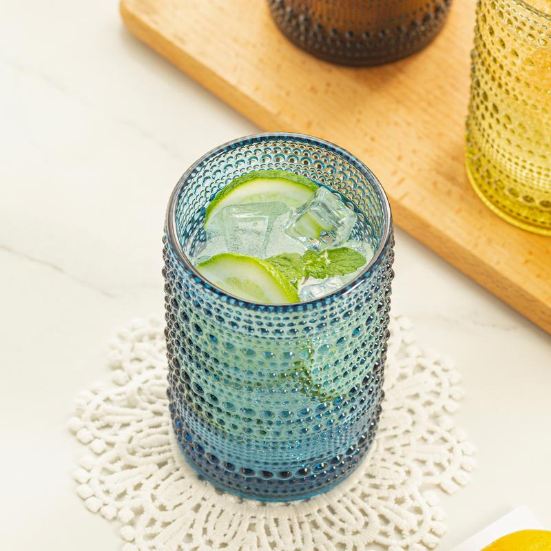 Polidream Vintage Glassware Set - 4pcs Drinkware Multicolor 15.2oz Hobnail Drinking Glasses for Beer, Cocktail, Soda & Juice - Embossed Old Fashioned Glassware with Four Unique Colors   wineglass anthropologie  juice