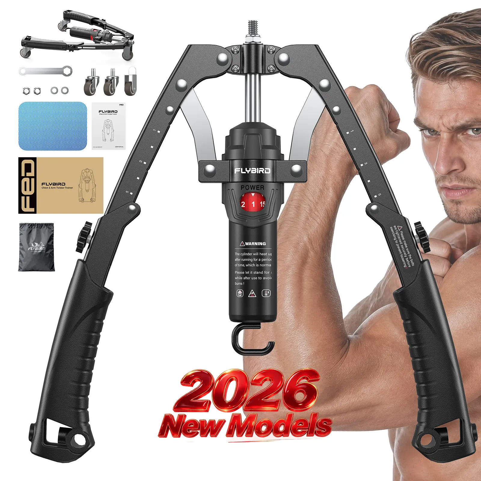 FED Fitness Flybird Series CT1 Chest Trainer Arm Exerciser & Arm Strength Trainer - Adjustable 22-440lbs Core, Tricep Workout Equipment with Ab Roller Wheel, Home Gym Exercise Equipment (Pad & Bag Incl.) for Men Women