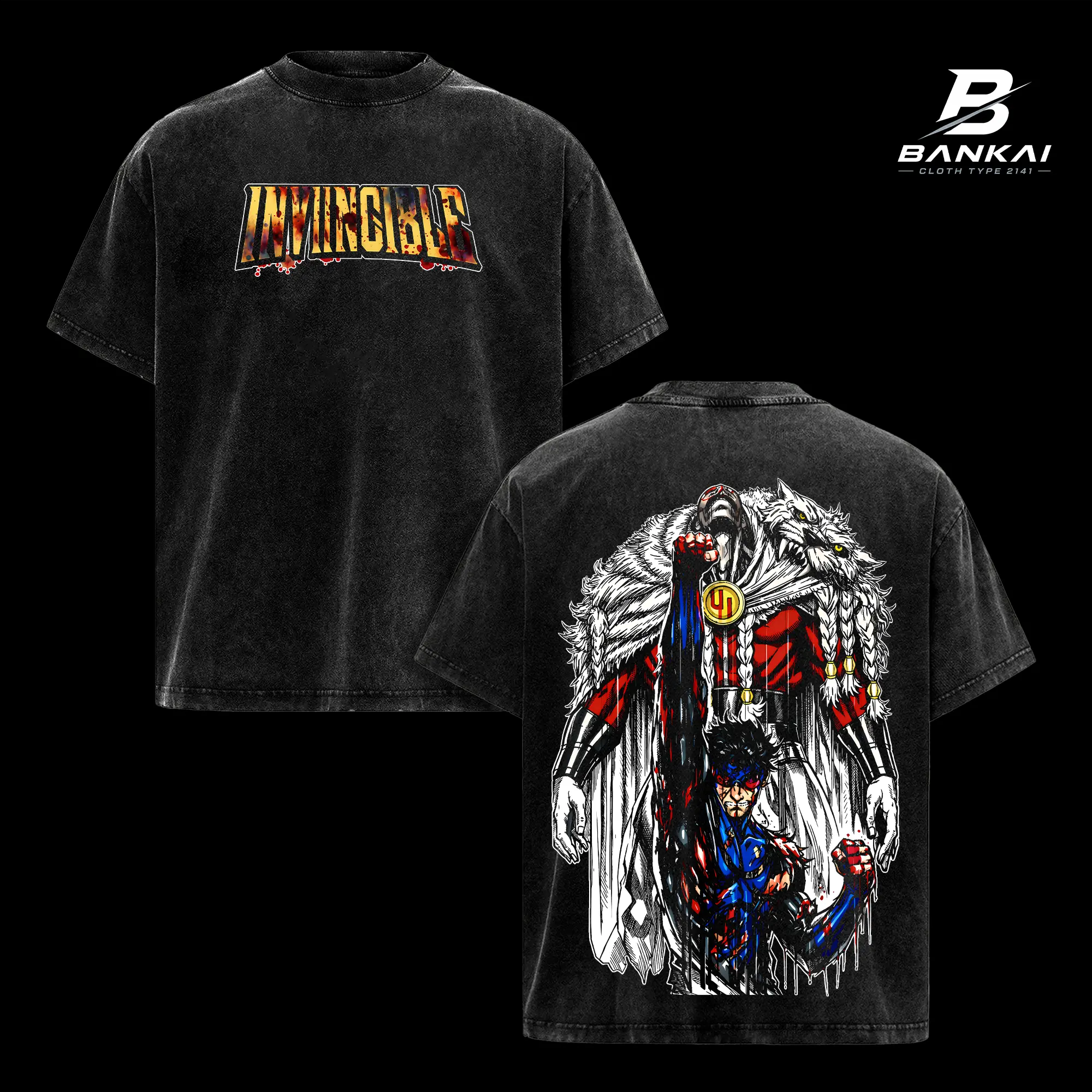 Invincible Thragg vs Mark Grayson Graphic Tees, Vintage Washed Oversized Heavyweight T Shirt, Dark Superhero Comic Streetwear Shirt, Blood Fight Large Back Print Tee, Heavy Cotton Unisex, Gym Pump Cover Gamer Outfit, Gift For Invincible Fans