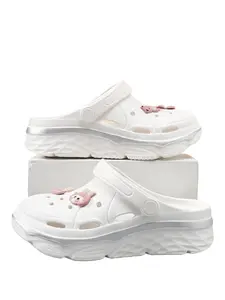 Women's Thick Sole Heeled Sandals, Floral Bow Design, Anti-Slip Lightweight Garden Shoes, DIY Accessories, Comfortable & Stylish