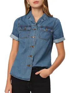 INSPIRE CHIC Denim Button Down Notched Collar Short Sleeve Pocket Classic Jean Shirt Top