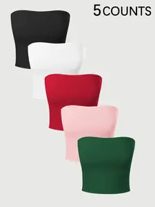 5 Counts Womens Tube Tops 2026 Trending Y2K Strapless Crop Tops for Women Summer Basic Solid Bandeau Tops Casual Sleeveless Slim Fit Going Out Tops for Party Club Streetwear Daily Wear Vacation Beach Outfits Multi Color Available