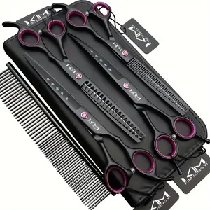 7.0 Inches Professional Dog Grooming Scissors Set, Straight Thinning Curved Chunkers, 4pcs with Comb, Essential Pet Grooming Tools