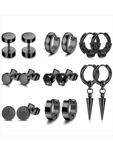 Unisex 8 Pairs Black Ear Jewelry Multipack for Women Men Premium 316L Stainless Steel for All-day Wear Exquisite Threaded Barbell Studs Classic Lobe Styles Glittering CZ Inlaid Pieces Trendy Dangle Hoops Sleek Minimalist Street Vibe for Everyday Looks