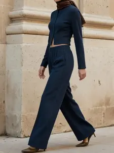 Two-piece Set Women's Solid Button Front Ribbed Knit Soft Crop Top & Elastic Waist Straight Pants, Casual Long Sleeve Round Neck Top & Trousers for Spring & Fall, Women's Clothes for Daily Wear Womenswear