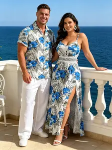 Womenswear Couple Matching Vacation Set - Hibiscus Floral Leaf Print Lace Hollow Out Maxi Dress, Short Sleeve Button Up Casual Tropical Shirt