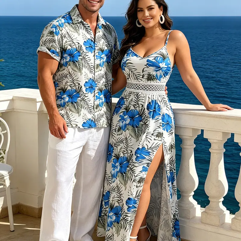 DRESSLILY Womenswear Couple Matching Vacation Set - Hibiscus Floral Leaf Print Lace Hollow Out Maxi Dress, Short Sleeve Button Up Casual Tropical Shirt